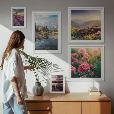 Galeria de quadros para parede com temas de paisagens naturais, flores e montanhas