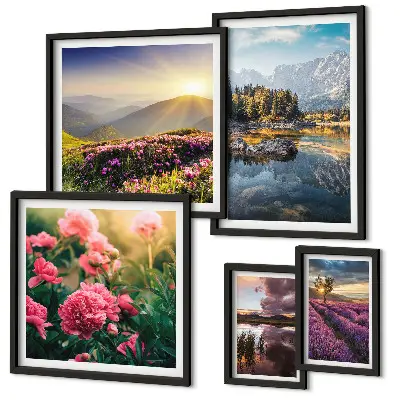 Galeria de quadros para parede com temas de paisagens naturais, flores e montanhas