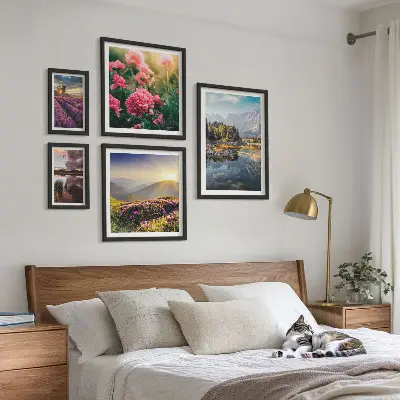 Galeria de quadros para parede com temas de paisagens naturais, flores e montanhas
