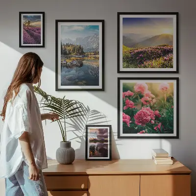 Galeria de quadros para parede com temas de paisagens naturais, flores e montanhas