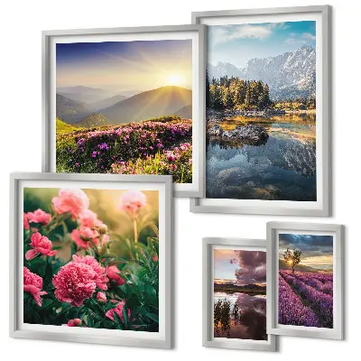 Galeria de quadros para parede com temas de paisagens naturais, flores e montanhas