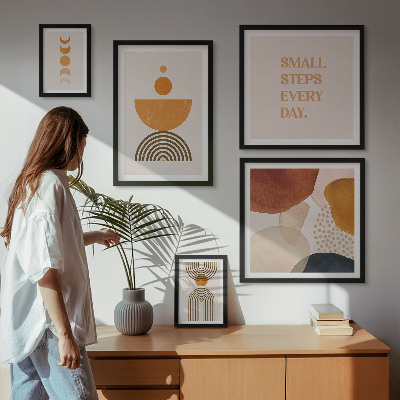 Conjunto de 5 quadros com moldura Gráficos elegantes em tons terrosos
