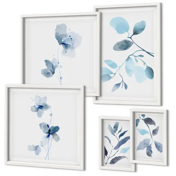 Conjunto de 5 quadros decorativos com detalhes de plantas em azul
