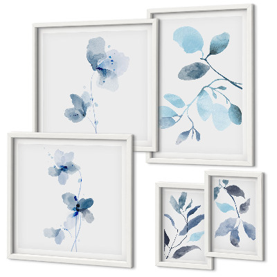Conjunto de 5 quadros decorativos Detalhes em azul nas plantas