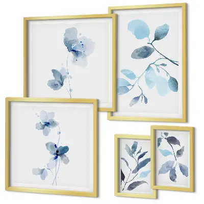 Conjunto de 5 quadros decorativos com detalhes de plantas em azul