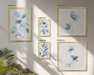 Conjunto de 5 quadros decorativos com detalhes de plantas em azul