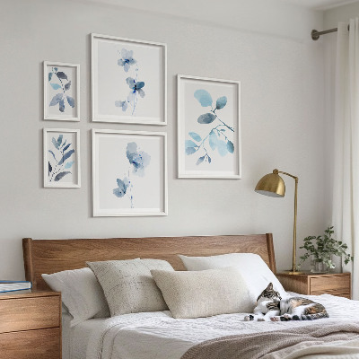 Conjunto de 5 quadros decorativos Detalhes em azul nas plantas