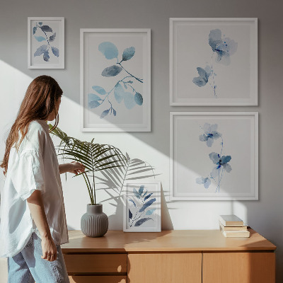 Conjunto de 5 quadros decorativos Detalhes em azul nas plantas