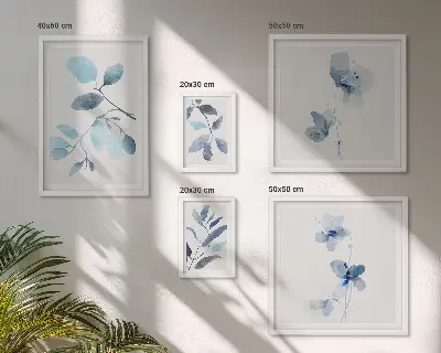 Conjunto de 5 quadros decorativos com detalhes de plantas em azul