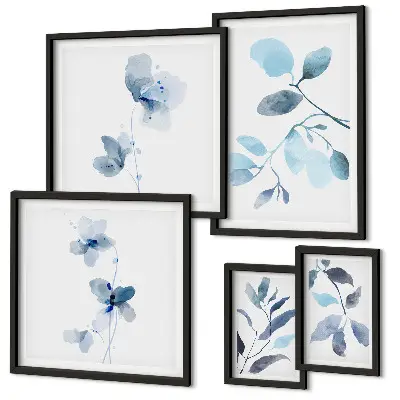 Conjunto de 5 quadros decorativos com detalhes de plantas em azul