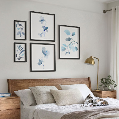 Conjunto de 5 quadros decorativos Detalhes em azul nas plantas