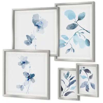 Conjunto de 5 quadros decorativos com detalhes de plantas em azul