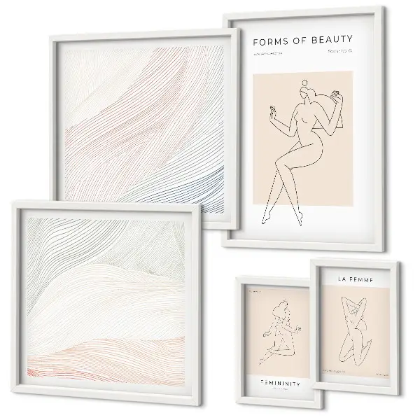 Conjunto de 5 quadros com moldura estampa de formas de beleza e linhas de silhueta