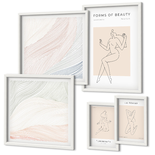 Conjunto de 5 quadros com moldura Formas de beleza, linhas de silhueta