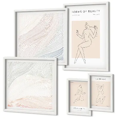 Conjunto de 5 quadros com moldura estampa de formas de beleza e linhas de silhueta
