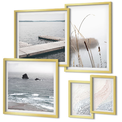 Conjunto de 5 quadros decorativos Paisagens marinhas minimalistas