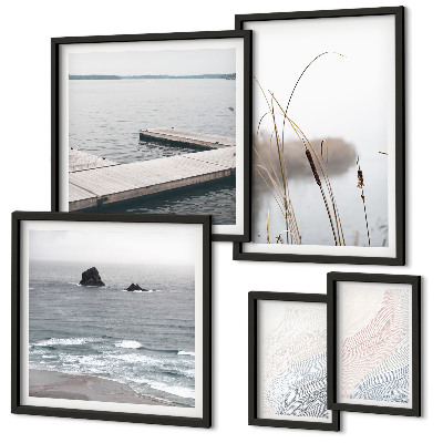 Conjunto de 5 quadros decorativos Paisagens marinhas minimalistas