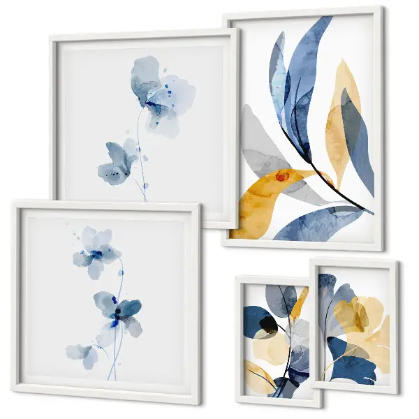 Conjunto de 5 quadros com moldura motivos vegetais em tons pastel para interiores