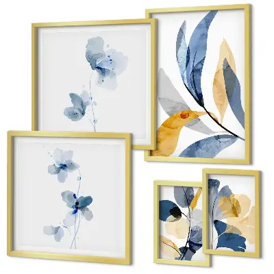 Conjunto de 5 quadros com moldura motivos vegetais em tons pastel para interiores