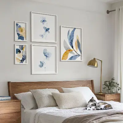 Conjunto de 5 quadros com moldura motivos vegetais em tons pastel para interiores