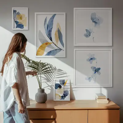 Conjunto de 5 quadros com moldura motivos vegetais em tons pastel para interiores