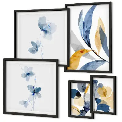 Conjunto de 5 quadros com moldura motivos vegetais em tons pastel para interiores