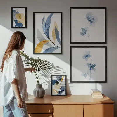 Conjunto de 5 quadros com moldura motivos vegetais em tons pastel para interiores