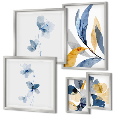 Conjunto de 5 quadros com moldura Motivos vegetais em interiores em tons pastel