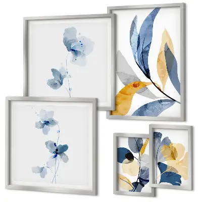 Conjunto de 5 quadros com moldura motivos vegetais em tons pastel para interiores