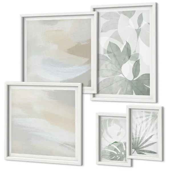 Conjunto de 5 quadros decorativos com motivos vegetais em tons de cinza e branco
