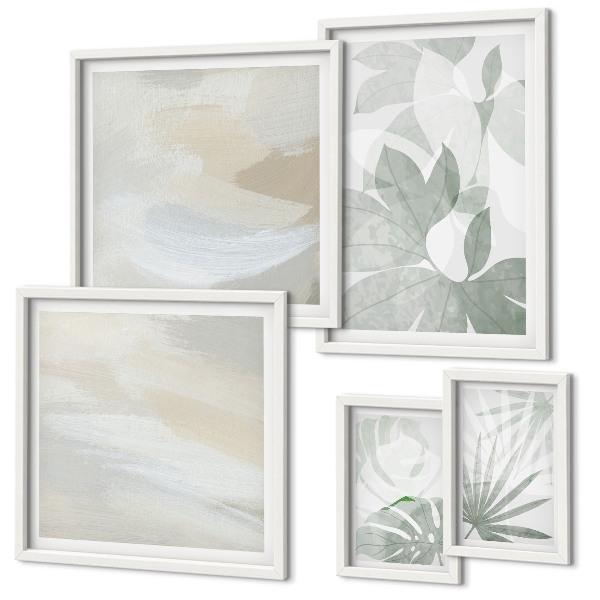 Conjunto de 5 quadros decorativos Motivos vegetais em tons de cinza e branco