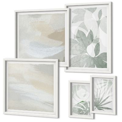 Conjunto de 5 quadros decorativos Motivos vegetais em tons de cinza e branco