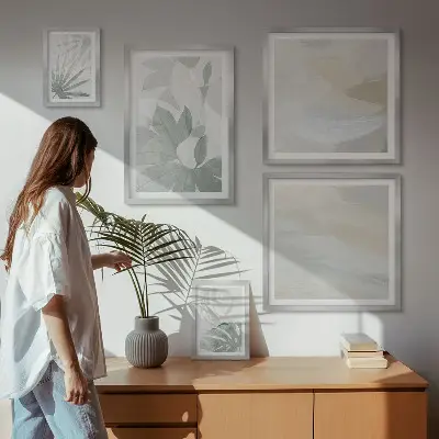 Conjunto de 5 quadros decorativos com motivos vegetais em tons de cinza e branco