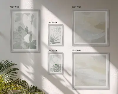 Conjunto de 5 quadros decorativos com motivos vegetais em tons de cinza e branco