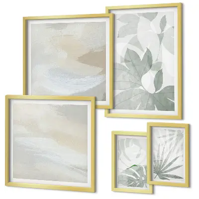 Conjunto de 5 quadros decorativos com motivos vegetais em tons de cinza e branco