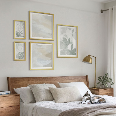 Conjunto de 5 quadros decorativos Motivos vegetais em tons de cinza e branco