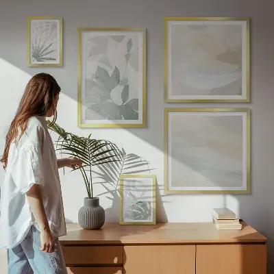 Conjunto de 5 quadros decorativos com motivos vegetais em tons de cinza e branco