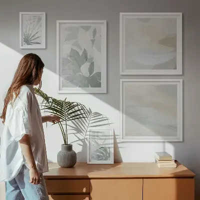 Conjunto de 5 quadros decorativos com motivos vegetais em tons de cinza e branco
