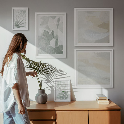 Conjunto de 5 quadros decorativos Motivos vegetais em tons de cinza e branco