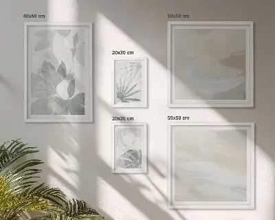 Conjunto de 5 quadros decorativos com motivos vegetais em tons de cinza e branco