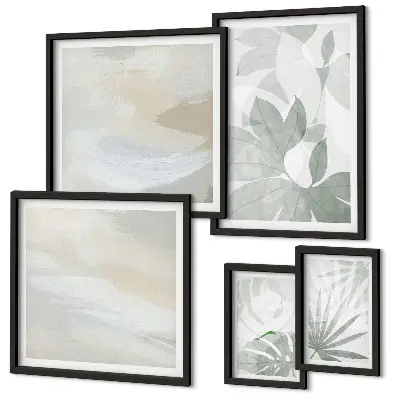 Conjunto de 5 quadros decorativos com motivos vegetais em tons de cinza e branco