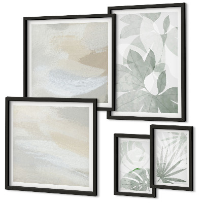 Conjunto de 5 quadros decorativos Motivos vegetais em tons de cinza e branco