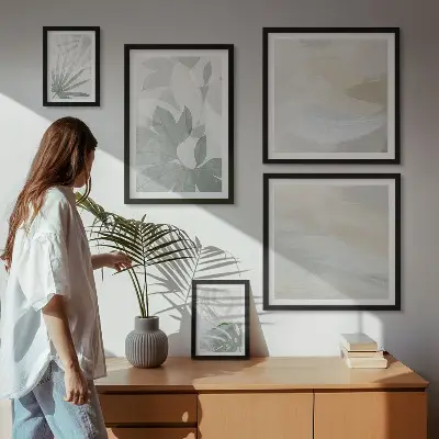 Conjunto de 5 quadros decorativos com motivos vegetais em tons de cinza e branco