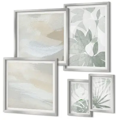 Conjunto de 5 quadros decorativos com motivos vegetais em tons de cinza e branco