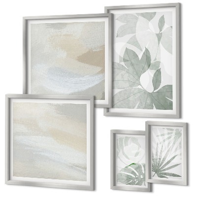 Conjunto de 5 quadros decorativos Motivos vegetais em tons de cinza e branco