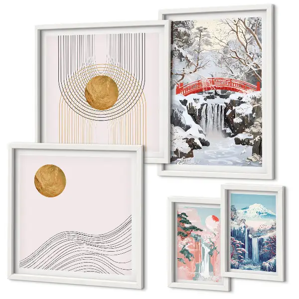 Conjunto de 5 quadros com moldura paisagens com cachoeiras, pontes e temática do Japão