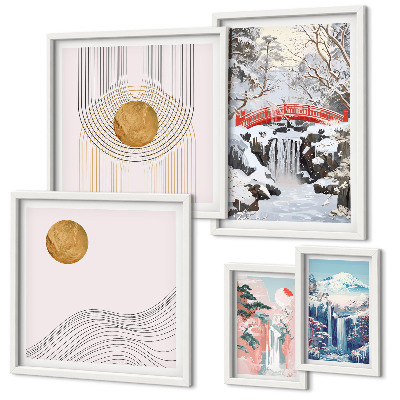 Conjunto de 5 quadros com moldura Paisagens, cachoeiras, pontes, Japão