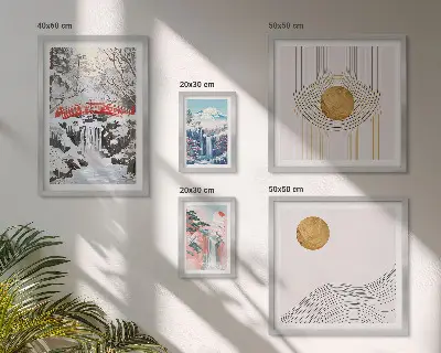 Conjunto de 5 quadros com moldura paisagens com cachoeiras, pontes e temática do Japão