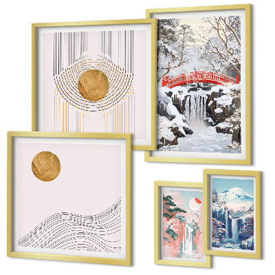 Conjunto de 5 quadros com moldura Paisagens, cachoeiras, pontes, Japão
