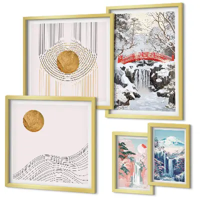Conjunto de 5 quadros com moldura paisagens com cachoeiras, pontes e temática do Japão